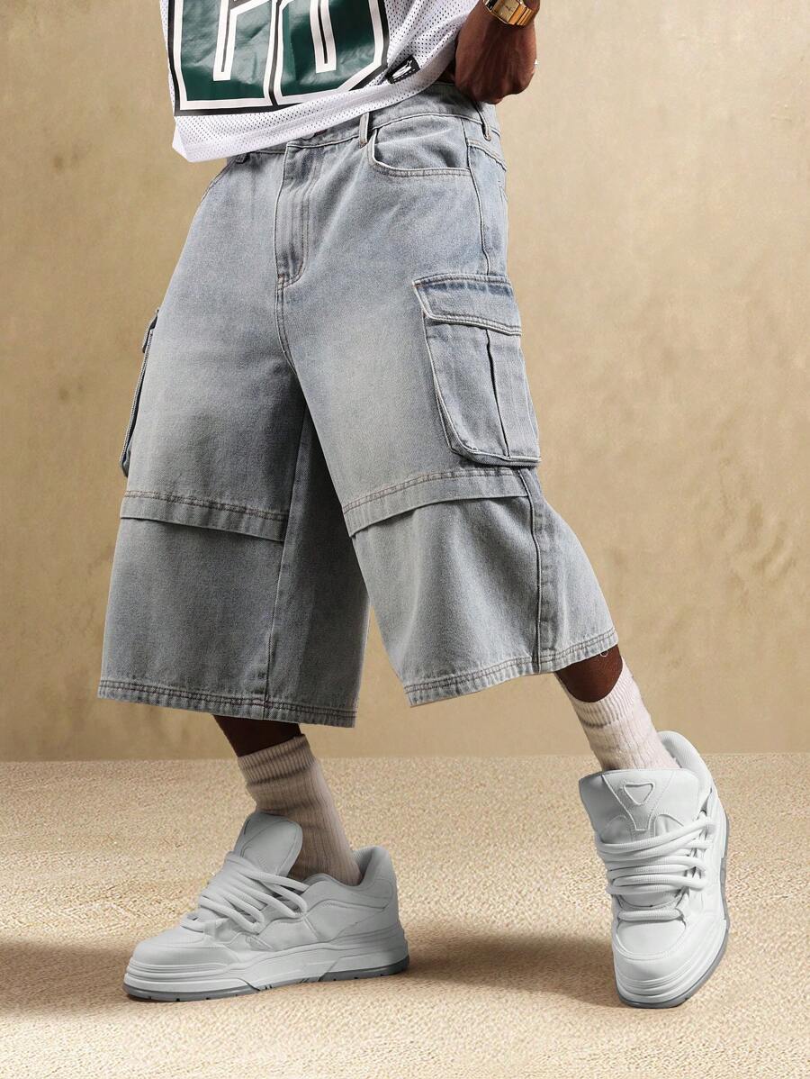 SUMWON 阔腿工装牛仔短裤街头风滑板风格长款宽松宽松短裤复古 90 年代嘻哈时尚 Y2K 都市服饰