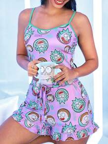 Rick and Morty X SHEIN Set da donna casual per l'estate composto da canottiera corta con stampa a cartoni animati e dettagli a contrasto, abbinato a pantaloncini larghi con coulisse in vita e tasche laterali - Multicolore - Visualizzare 5