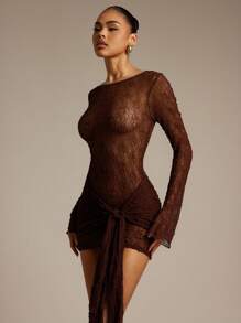 Hauture Váy ren trắng mini cho nữ tay dài và buộc nơ phía trước - màu nâu - Xem 5