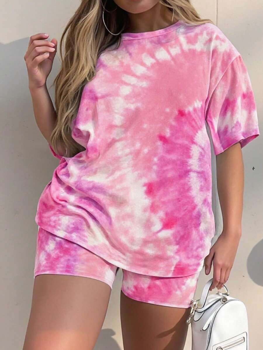 INAWLY Plus Size Women 2 Pieces Set Tie-Dye Print Loose Fit Dropped Shoulder T-Shirt & Shorts Set, Casual Vacation Outfit - Multicolor - View 1