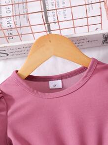 Glamorique Kids 年轻女孩纯色圆领珍珠泡泡袖3D花朵优雅连衣裙配腰带，夏季 - 紫色 - 查看 6