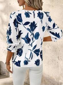 SHEIN Clasi 女士圆领中袖宽松休闲衬衫，优雅百搭，适合夏季穿着。另有乡村风蓝色碎花上衣、蓝白泡泡袖上衣等款式可供选择。 - 藍白色 - 查看 2