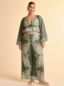 CAJUNI Plus Size Women's Boho Green & Beige Tropical Plants Retro Print Deep V-Neck Lantern Sleeve Tie Front Blouse, Vacation Casual Beach Long Sleeve Cropped Top - Multicolor - View 4