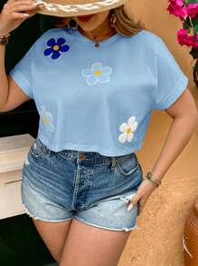 SHEIN VCAY Camiseta casual de manga corta tipo murciélago con cuello redondo, letra y bordado, para mujer talla grande, de verano