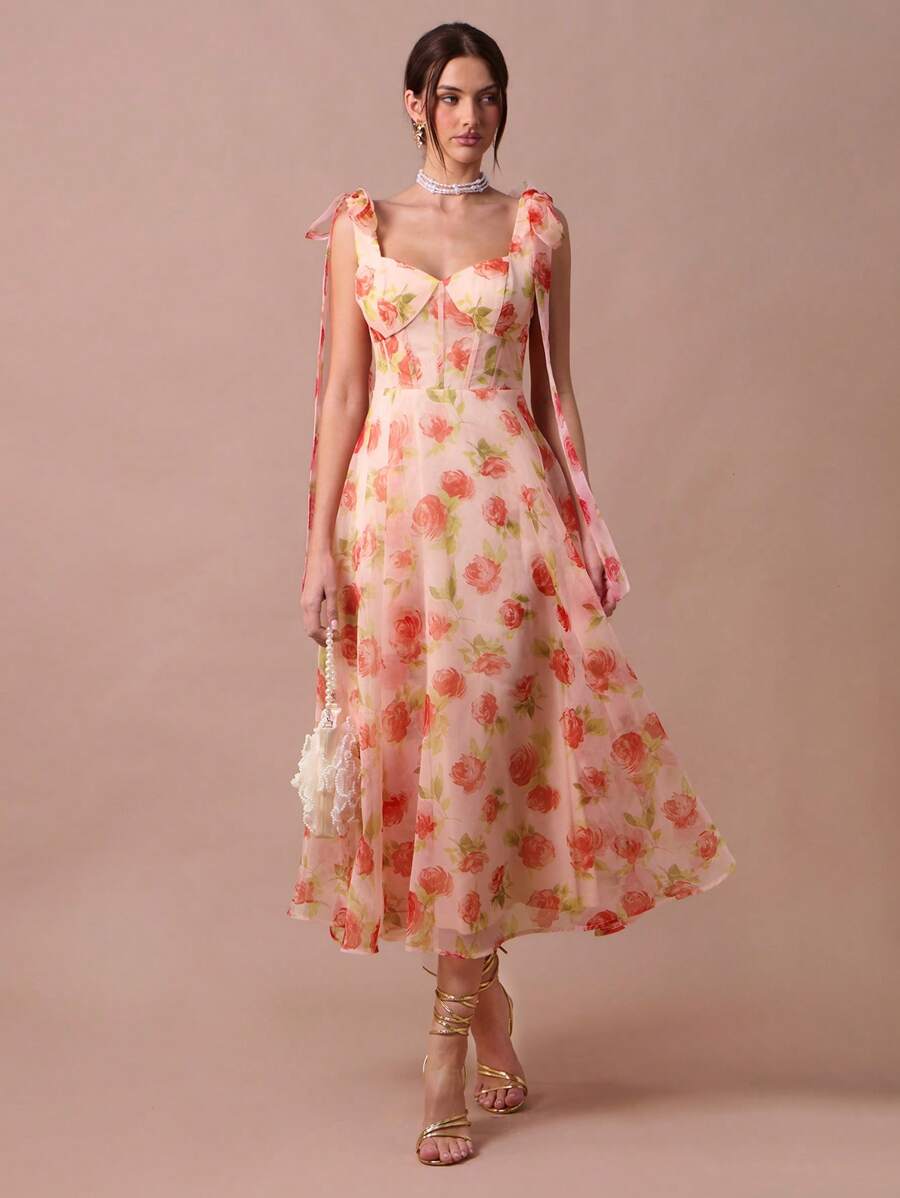 Enchnt Váy không tay dây xoắn họa tiết hoa dành cho nữ, mùa hè - trái cam - Xem 1