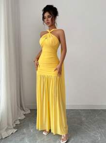 Selianne 女士夏季纯色度假连衣裙，黄色吊带美人鱼紧身连衣裙 - 黃色 - 查看 4