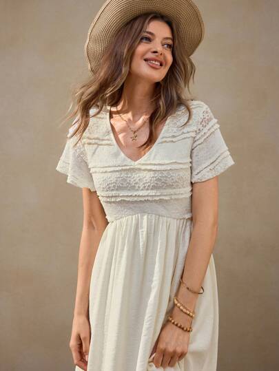 Wildy Summer American Romantic Boho Lace Patchwork Graduation Music Festival White Lace Dress Teacher Outfits For Women Brunch Outfits For Women Tea Party Dress