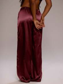 MUSERA 系带缎面裤 度假 优雅 假日 可爱 夏季 度假 波西米亚风 秋季 冬季 - 酒紅色 - 查看 3