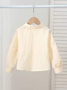 年轻女孩休闲褶皱领蝙蝠袖结饰下摆衬衫，淡黄色 - 黃色 - 查看 2