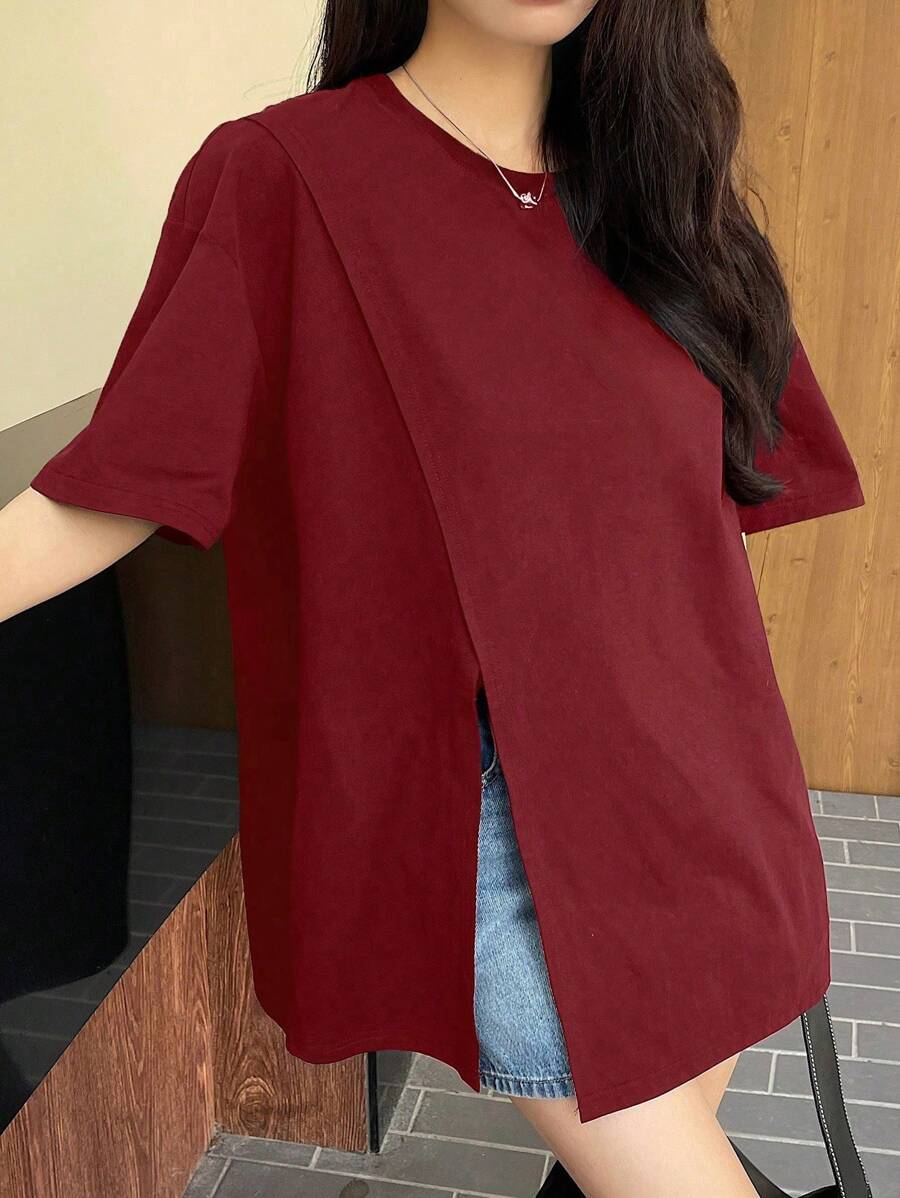 DAZY 女士夏季圆领宽松休闲开叉短袖T恤学院风上衣 - 酒紅色 - 查看 1