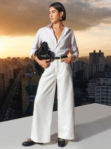 SHEIN x Tata & Beatriz Daynim Calça Sarja Feminina Wide Leg Cintura Alta Off - Branco - Visão 7