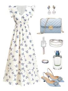 Gownix Elegant Women's White And Blue Floral Textured Print Dress,Summer Garden Party Outfits,Island Vacation Honeymoon Fairycore Boho Style Summer Outfits - Blue - View 2