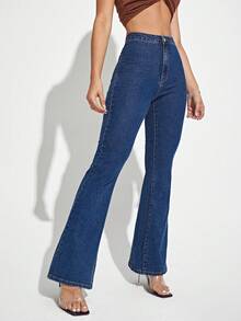 SHEIN ICON Plus Size Women Casual Flared Stretch Denim Jeans, Dark Blue - Dark Wash - View 4