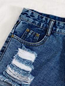 SHEIN PETITE Women's Summer Fashionable Casual Slant Pocket Distressed Denim Shorts - Dark Wash - View 3