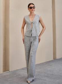 CLARA VERO 灰色针织套装（无袖上衣和阔腿裤） - 灰色 - 查看 3