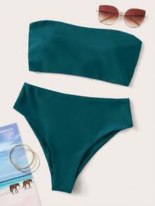 Swim Basics 2026 Special Fabric Women's Halter Backless Tie-Up Green Side High Cut 2 Pieces Bikini Swimsuit, Spring/Summer - Teal Blue - View 2