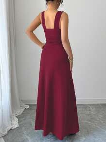 Chiquease Vestido maxi de tirantes con escote en V profundo y abertura alta en un solo color, sexy para mujer - Burdeos - Ver 2