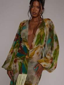 MUSERA 深V领宽松流苏印花长袖连衣裙，适合春夏度假、婚礼宾客、海滩度假、伊比沙岛之旅、秋季婚礼宾客、生日派对、教堂活动、晚宴等场合，适合春夏穿着。 - 綠色 - 查看 5