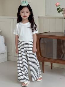 DAZY 2pcs/Set Young Girls Round Neck Loose T-Shirt And Casual Striped Straight Leg Pants,Girls Summer Outfits - Black and White - View 3