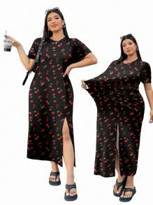 SHEIN EZwear Casual Minimalist Cherry Print Short Sleeve Stretch Loose Open-Slit Plus Size Dress,Summer Dresses For Women Cherry Outfit Women Cherry Dress Plus Size Chic Dress - Multicolor - View 3