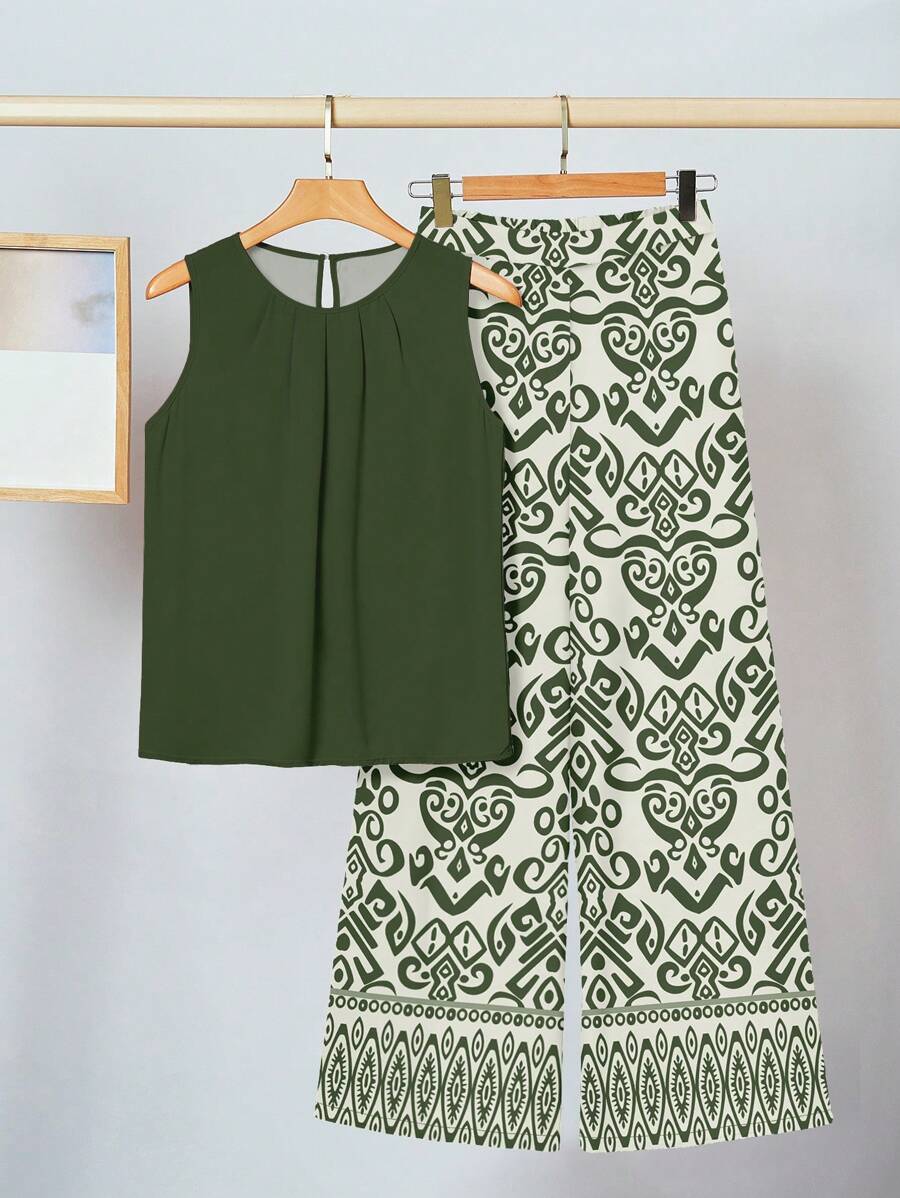 SHEIN Clasi 2件套女士绿色休闲图案套装,适合夏季日常通勤 - 綠色 - 查看 1