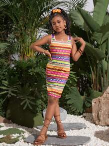 Vestido de punto ajustado con textura tropical de verano para niñas preadolescentes, conjunto a juego de mamá e hija (se venden por separado 3 piezas)