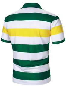 Manfinity Mode 男士休闲条纹印花纽扣领短袖 Polo 衫，夏季 - 彩色 - 查看 2