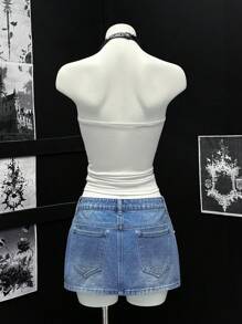 EgrlEra Sexy Lace Bowknot Belted Low-Waist Denim Mini Skirt - Light Wash - View 2