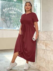 SHEIN Essnce Plus Size Women's New Summer Fashion Casual Solid Color Waist Strap A Hem (With Pockets) Long Short-Sleeved Dress - Burgundy - View 6