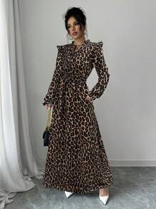 SHEIN PETITE فستان ماكسي طويل ذو استقامة ورفرفة وخصر مربوط طباعة فهد أنيق للمرأة، للربيع والخريف