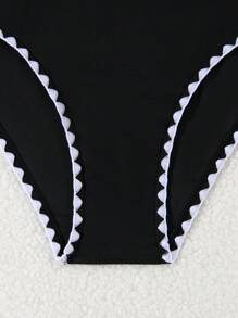 Teen Girls Solid Color Knit Shell Embroidery Bikini Sets, Fashionable & Casual Summer Two Pieces Swimwear - Black - View 4
