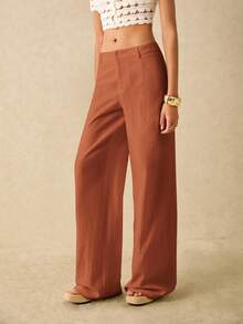 Poéselle Women's Casual Solid Color Zip Front Straight Leg Pants - Brown - View 4