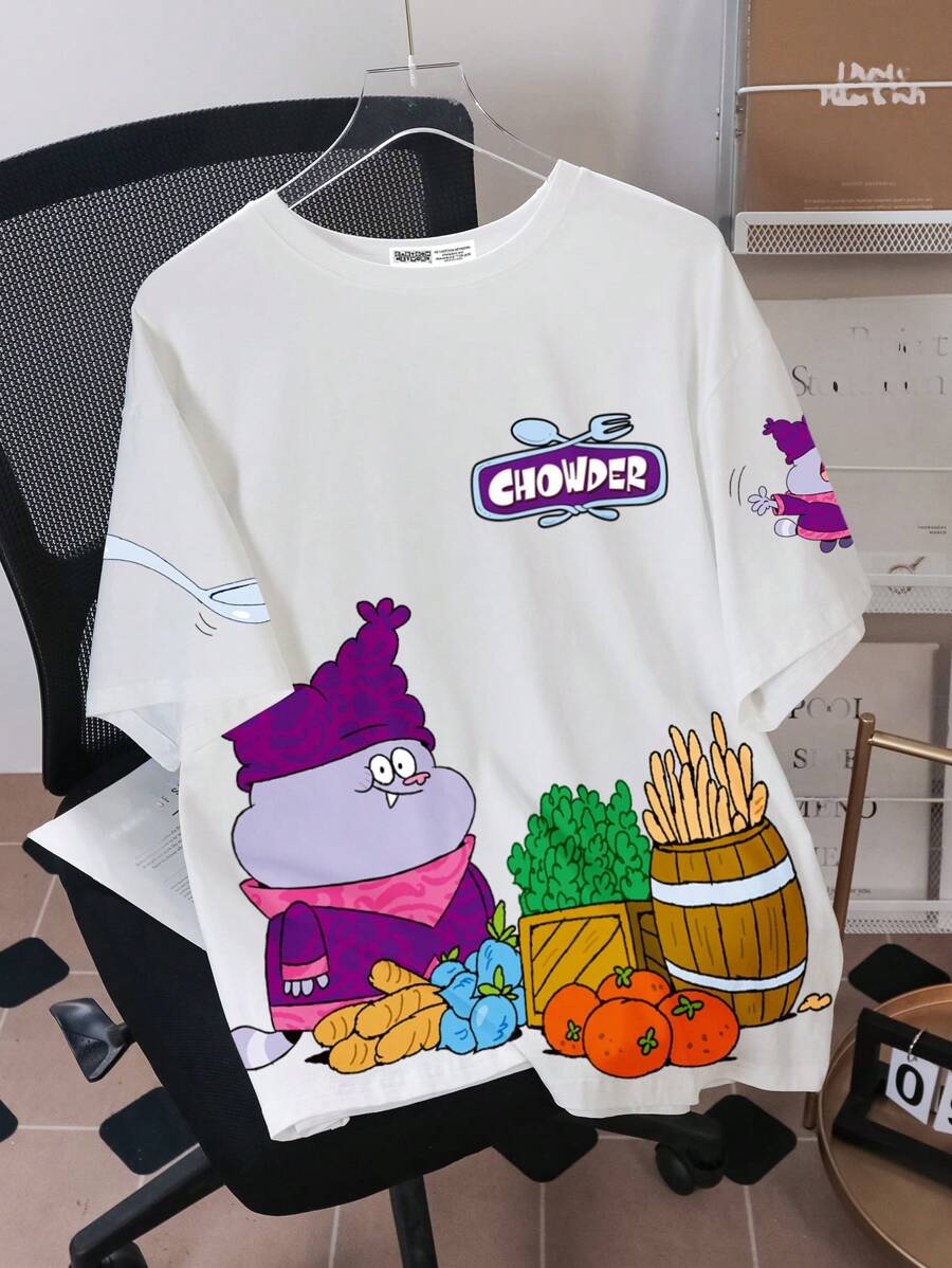 Chowder X SHEIN 男士休闲趣味卡通字母图案超大白色T恤，夏季