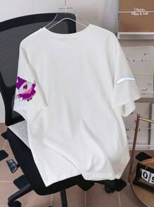 Chowder X SHEIN 男士休闲趣味卡通字母图案超大白色T恤，夏季