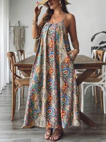 SHEIN VCAY Plus Size Women Resort Style Print Camisole Dress,Summer Dresses For Women,Maxi Dress