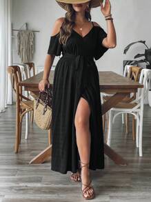 SHEIN VCAY Plus Size Solid Color Waisted Spaghetti Strap Summer Short Sleeve Dress,Summer Dresses For Women - Black - View 5