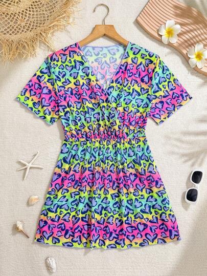 Teen Girls' Gradient Purple Leopard Print Cover-Up, Fashion Casual Elegant Lady Swimsuit Coverup Suitable For Swimming, Vacation, Summer Girls Beach Dress Beach Clothes For Girls Beachwear Cover Up Girls Dresses Summer Beach Tween Tween Beach Cover Up