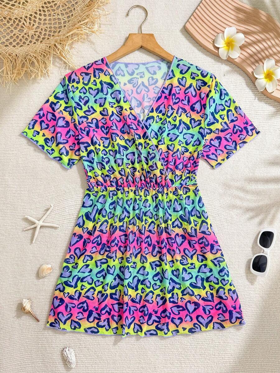Teen Girls' Gradient Purple Leopard Print Cover-Up,Fashion Casual Swimsuit Coverup,Summer Vacation Holiday Beach Dress,Tween Girls Dresses Beachwear - Multicolor - View 1