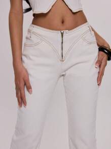 MUSERA 缝线拉链七分牛仔裤，优雅、假日、可爱，Y2K风格生日夏日度假款 - 白色 - 查看 5