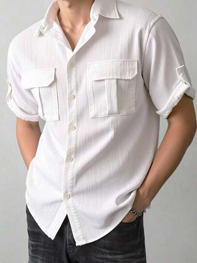 SHEIN Teen Boy Casual Short Sleeve White Button Up Shirt, Sports Streetwear Punk Rock School Style Daily Outdoor Party Music Festival, Suitable For Spring/Summer