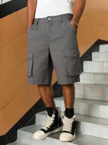 Manfinity Roghcode Pantalones cortos vaqueros informales sueltos de unicolor con bolsillo para hombre, de verano - Gris - Ver 3