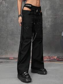 ROMWE Grunge Punk Y3K 功能风格侧金属扣金属链工装裤 - 黑色 - 查看 7