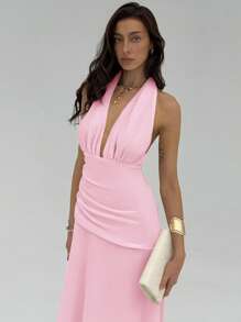 Aloruh Váy Maxi Chiffon hở lưng màu hồng thanh lịch gợi cảm cổ yếm màu mơ với đường viền cổ sâu và thiết kế nhún bèo, phù hợp cho kỳ nghỉ hè và tiệc tùng, trang phục câu lạc bộ gợi cảm cho phụ nữ - Màu Hồng baby - Xem 5