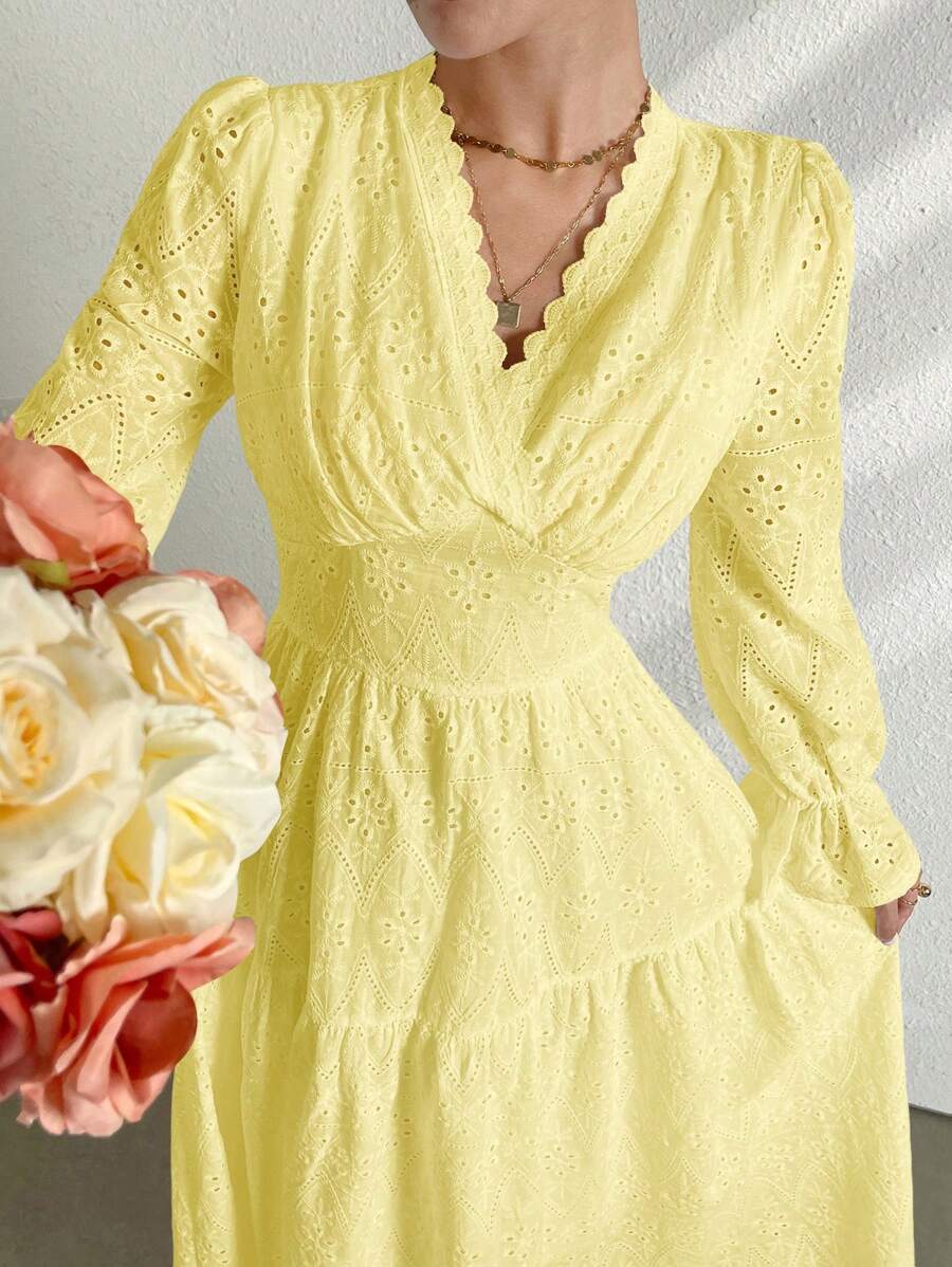 Modelyn 黄色刺绣长袖喇叭女式连衣裙 - 黃色 - 查看 1