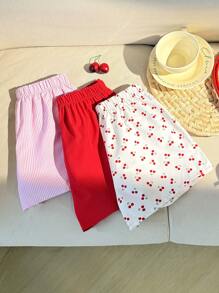 3pcs/Set Tween Girl Cherry Print Loose Casual Pink Striped And Solid Red Shorts Set - Multicolor - View 4