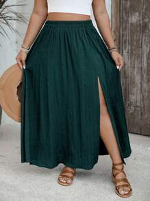 SHEIN VCAY Váy xanh lá cây thường ngày xẻ tà đơn giản cho nữ cỡ lớn - Màu xanh ngọc - Xem 5