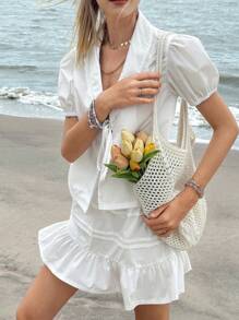 Jouncy 2pcs/Set Women Lace Trim Blouse And Mini Skirt Set, Casual And Feminine - White - View 2