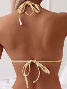 Swim Vcay Printed Random Striped Pattern Spaghetti Strap Cami Top And Side Tie Drawstring Swim Bottoms Yellow Bikini Set For Summer Beach Vacation - Multicolor - View 6