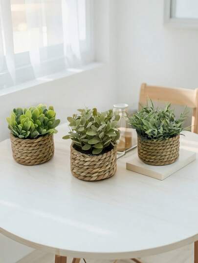 SHEIN 1PC 3PCS Artificial Woven Rattan Small Potted Plants PE Polyester Fiber For Desktop Party Kitchen Garden Decor Christmas Holiday Gift Home Decor Back To School Room Decor School Supplies