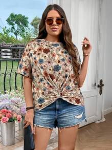 SHEIN LUNE Maglietta casual estiva da donna taglie forti, con stampa leopardata, manica corta, orlo con twist incrociato